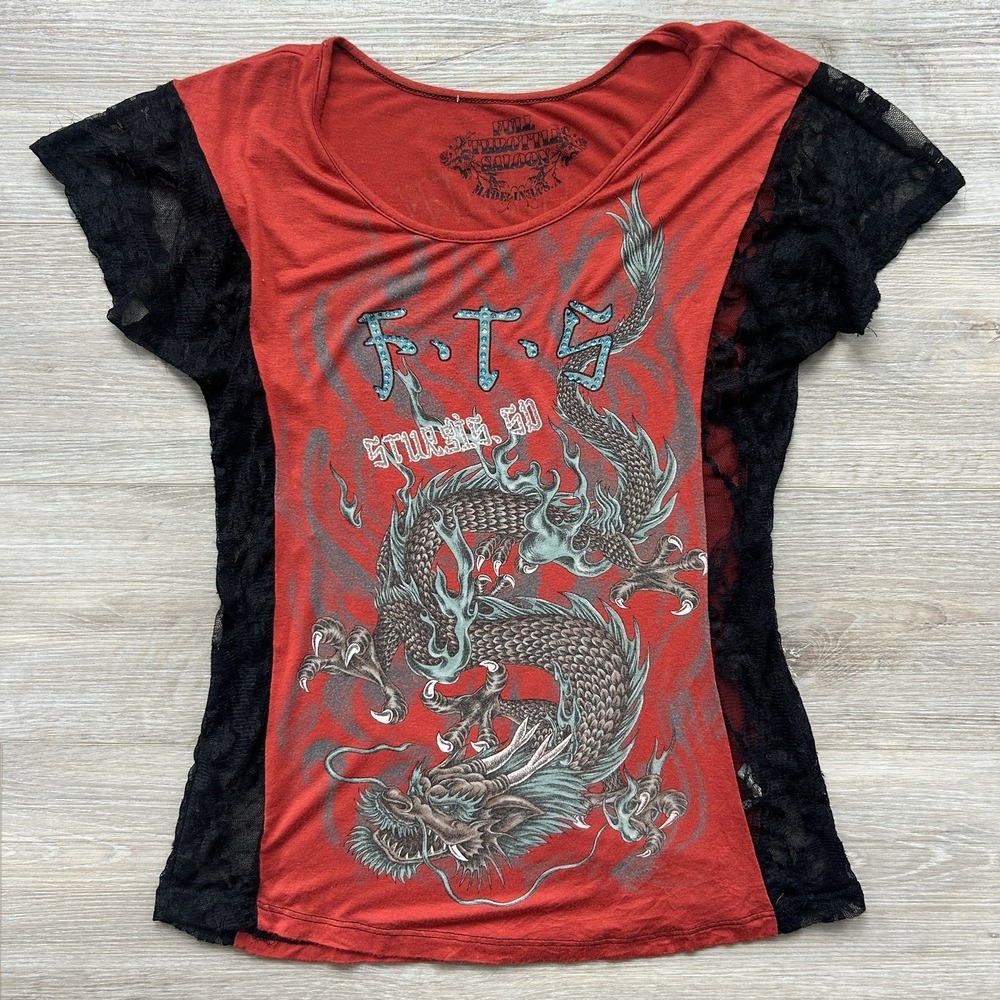 Full Throttle Saloon Women's Lace Side Red Rhinestone Sturgis Top Y2K 90s Grunge